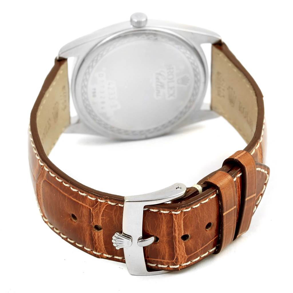The image shows the back side of the Rolex Cellini 4233 Men's White Gold Black Dial 4233 Men's White Gold Black Dial watch, focusing on the leather strap and clasp.