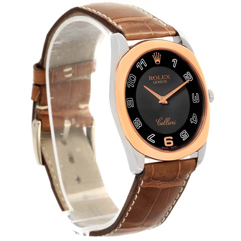 This image shows a Rolex Cellini 4233 Men's White Gold Black Dial 4233 Men's White Gold Black Dial watch at a three-quarter angle, displaying its face, bezel, and leather strap.