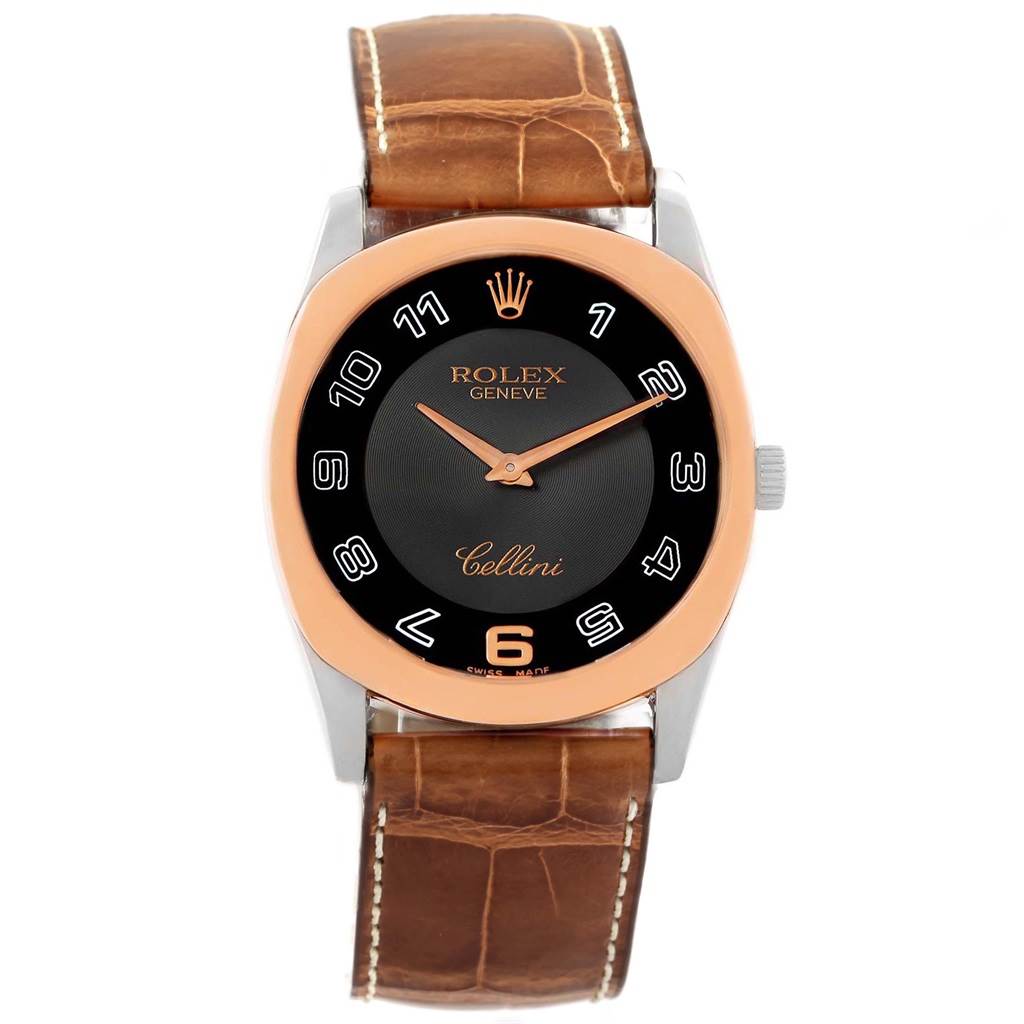 The image shows a front view of the Rolex Cellini 4233 Men's White Gold Black Dial 4233 Men's White Gold Black Dial watch, highlighting its face, case, and brown leather strap.