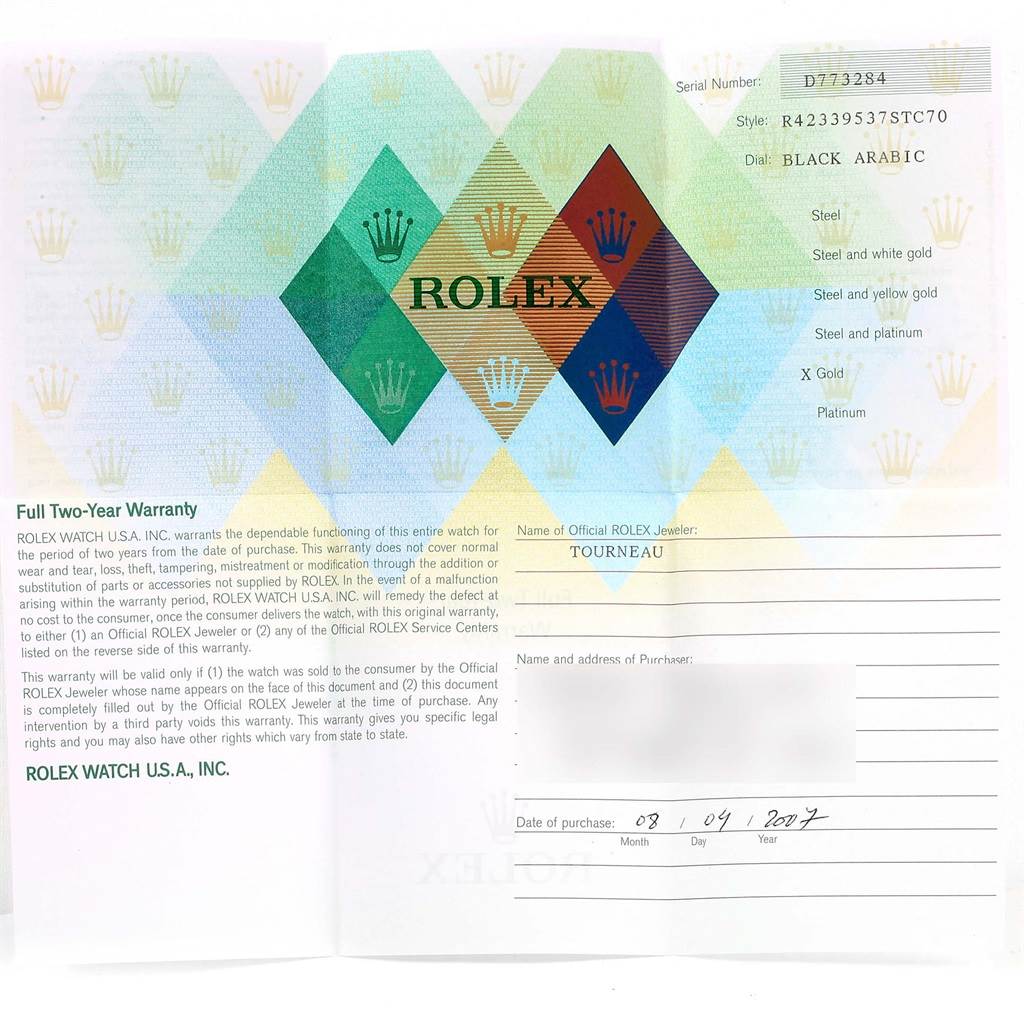 The image shows a Rolex Cellini 4233 Men's White Gold Black Dial 4233 Men's White Gold Black Dial warranty card with details including serial number, style, and purchase date.