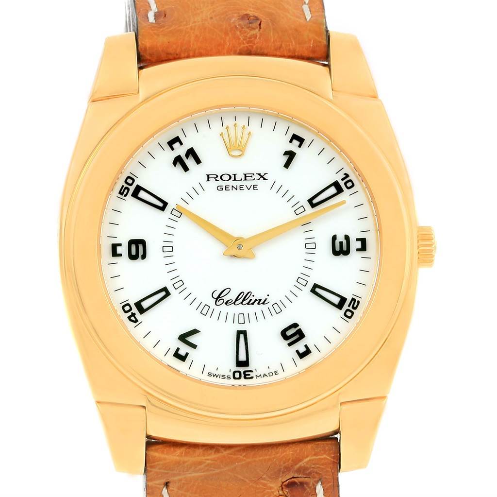 The Rolex Cellini 5330 Men's Yellow Gold White Dial 5330 Men's Yellow Gold White Dial watch is shown from a front angle, displaying its face, bezel, and leather strap.