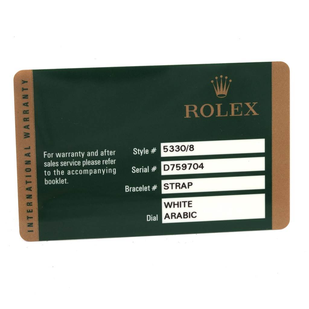 The image shows the international warranty card for a Rolex Cellini 5330 Men's Yellow Gold White Dial 5330 Men's Yellow Gold White Dial watch, detailing the style, serial, bracelet, and dial information.