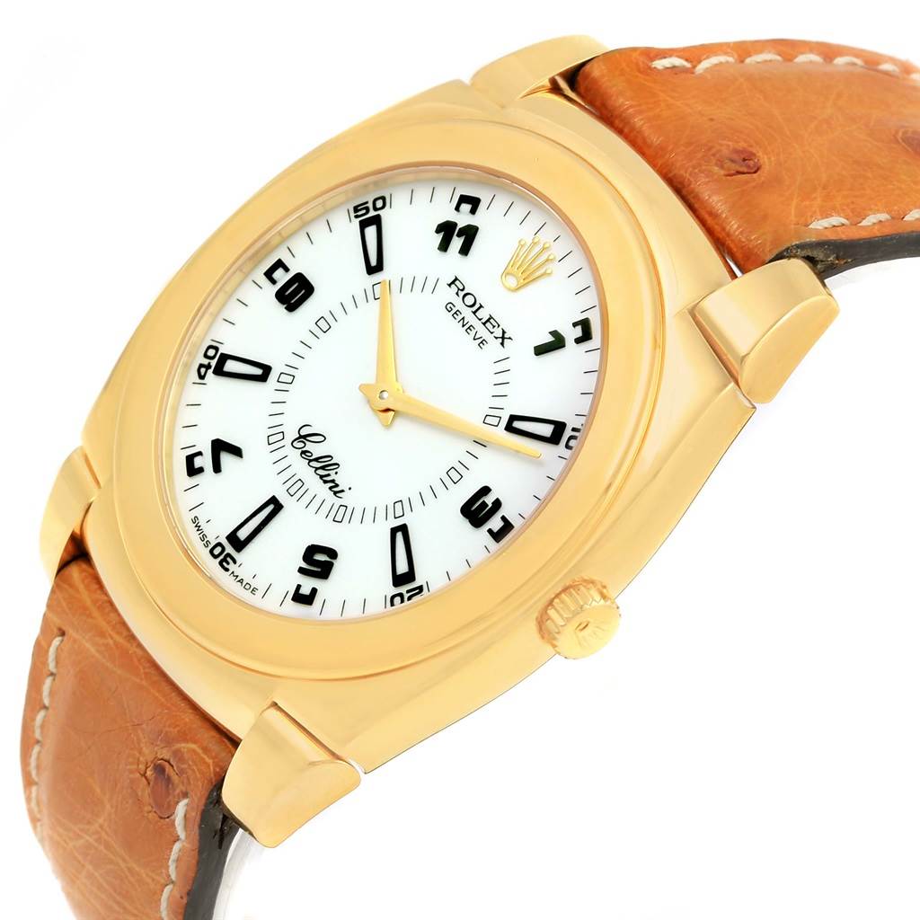 The image shows a Rolex Cellini 5330 Men's Yellow Gold White Dial 5330 Men's Yellow Gold White Dial watch at a slight side angle, showcasing its dial, bezel, crown, and leather strap.