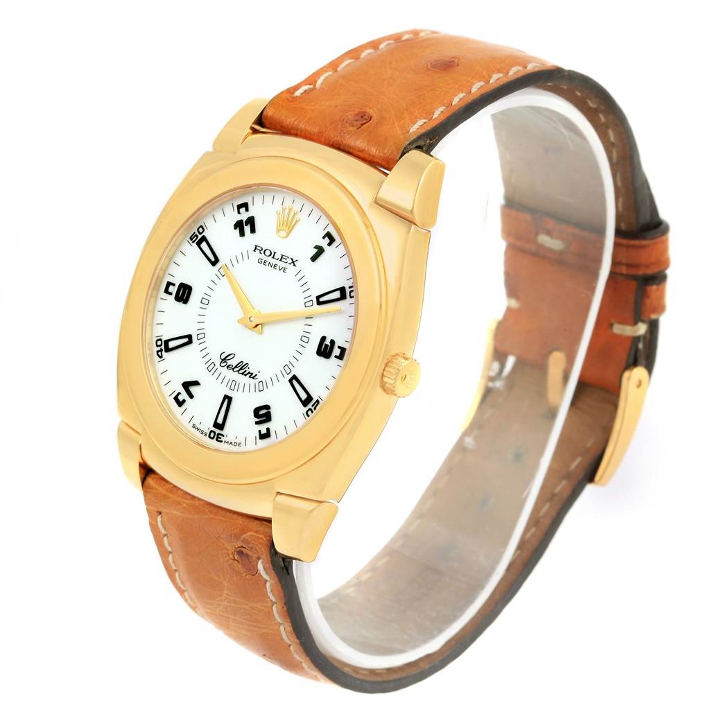 This image shows a Rolex Cellini 5330 Men's Yellow Gold White Dial 5330 Men's Yellow Gold White Dial watch from a right-side angle, highlighting its face, case, and leather strap.