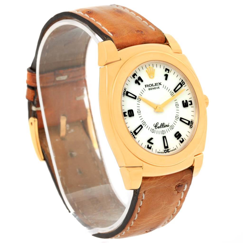 The watch is a Rolex Cellini 5330 Men's Yellow Gold White Dial 5330 Men's Yellow Gold White Dial model, shown at a slight angle displaying the face and brown leather strap.