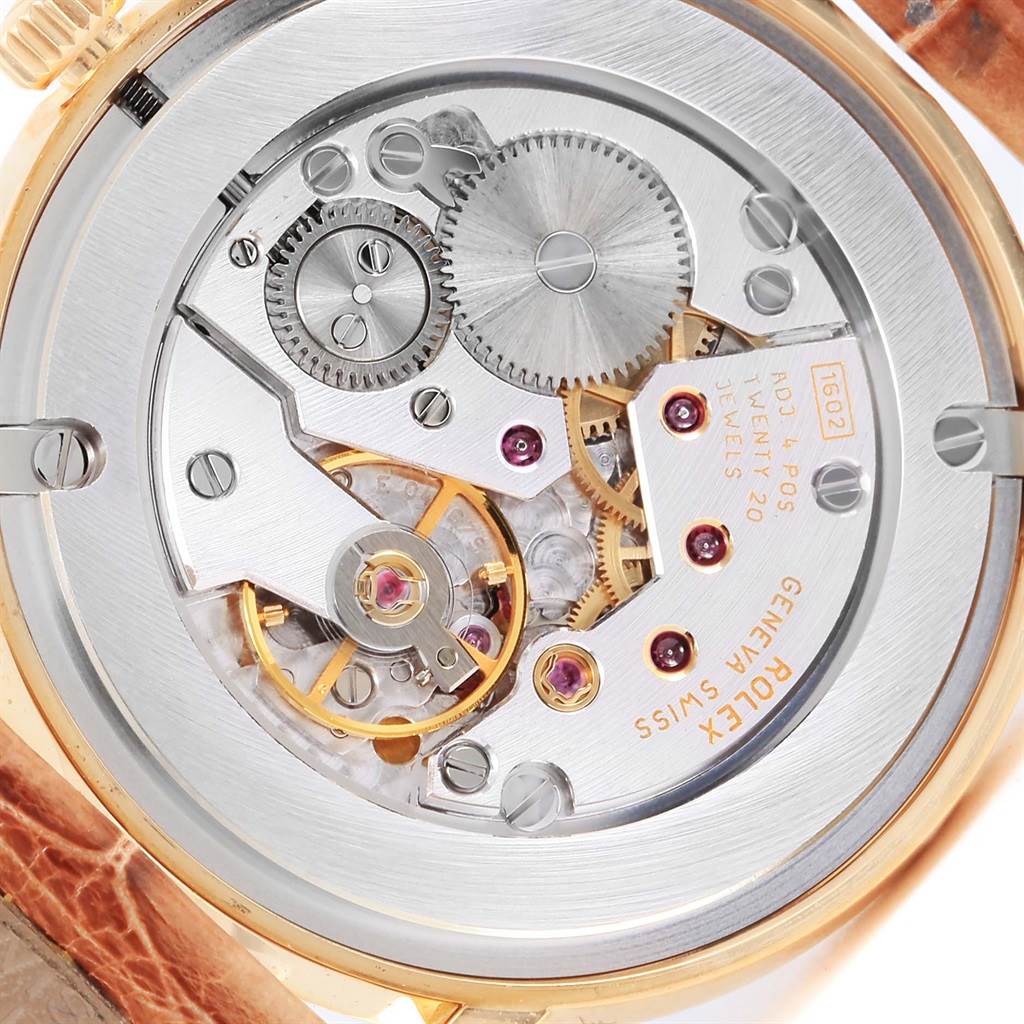 The image shows the movement and internal mechanism of a Rolex Cellini 5115 Yellow Gold Mother of Pearl Dial 5115 Yellow Gold Mother of Pearl Dial model watch from the back.