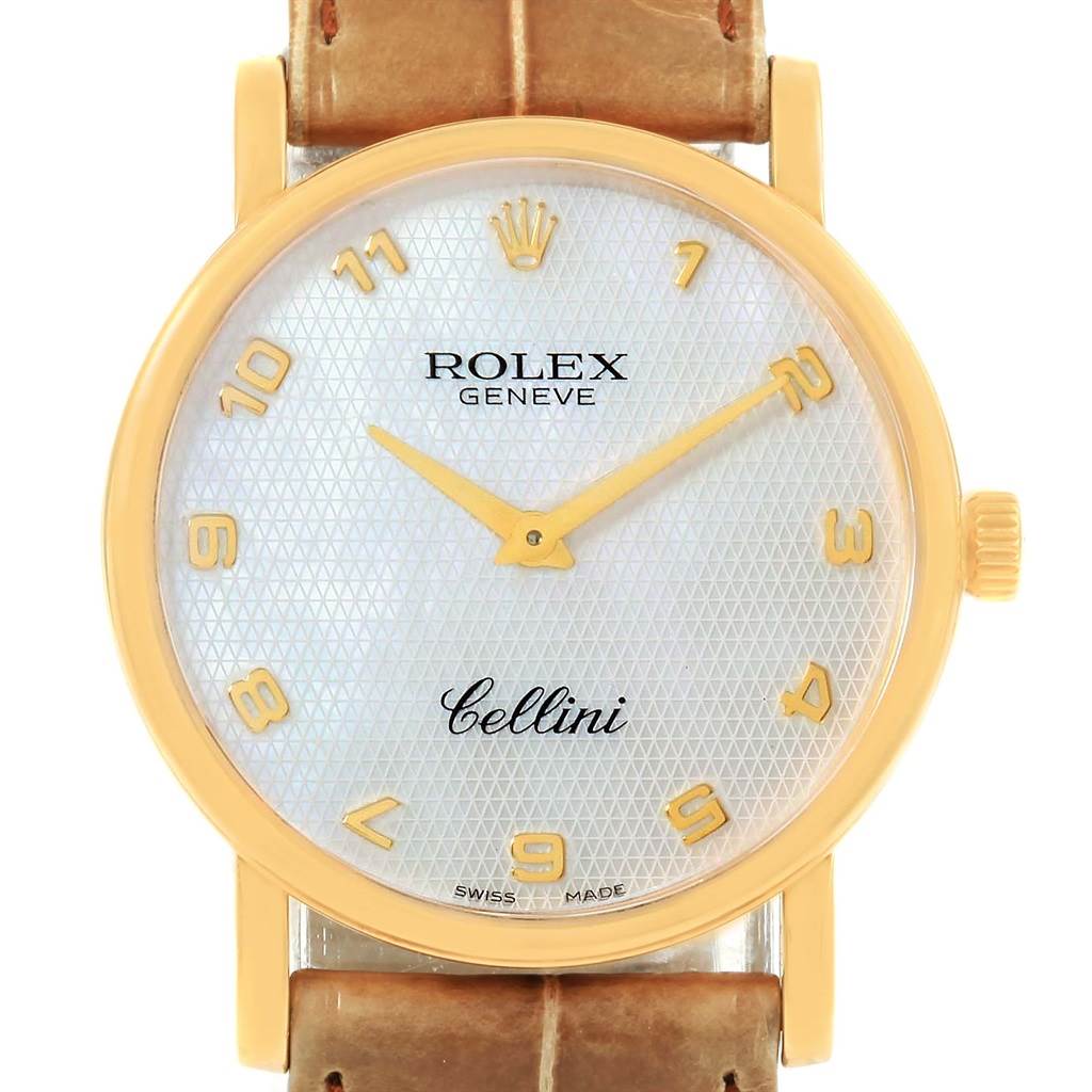 This image shows the front view of a Rolex Cellini 5115 Yellow Gold Mother of Pearl Dial 5115 Yellow Gold Mother of Pearl Dial watch, displaying the dial, hands, and part of the leather strap.