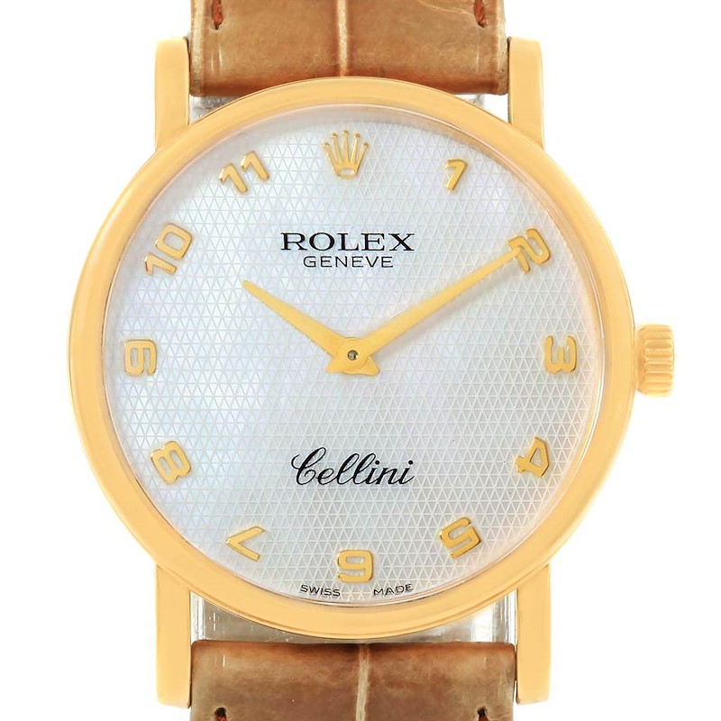 Rolex Cellini Classic 18K Yellow Gold MOP Dial Brown Strap Watch 5115 SwissWatchExpo
