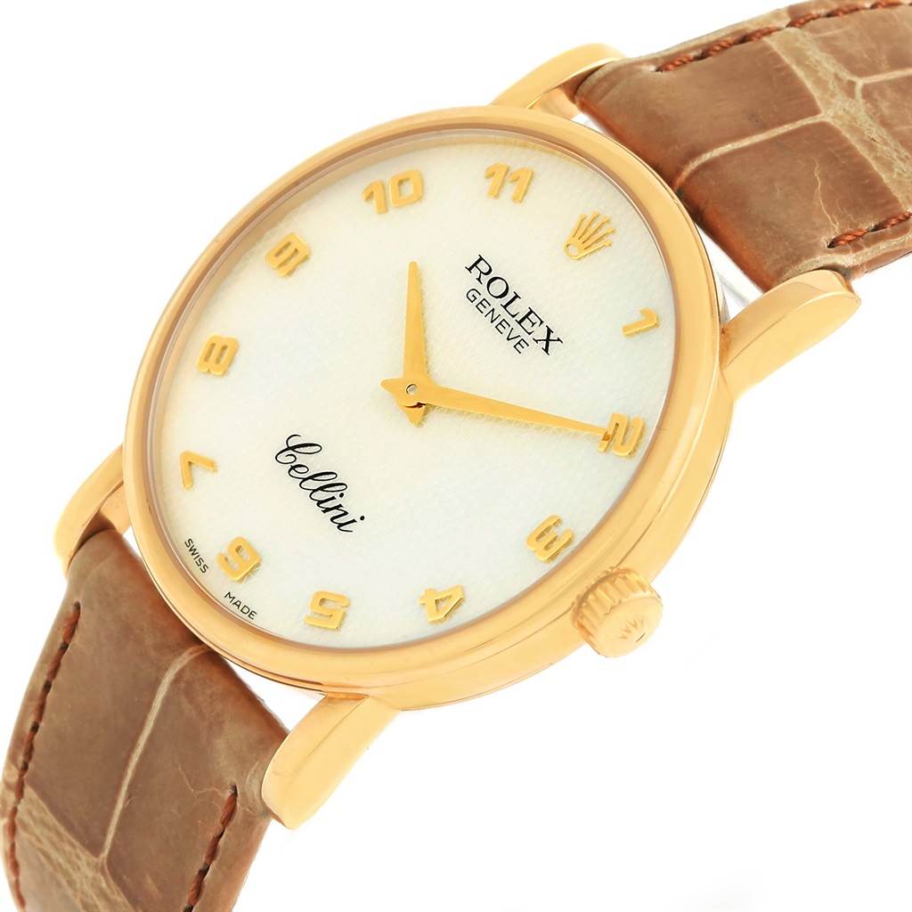 The image shows a Rolex Cellini 5115 Yellow Gold Mother of Pearl Dial 5115 Yellow Gold Mother of Pearl Dial watch at an angled view, highlighting the dial, hands, case, and leather strap.