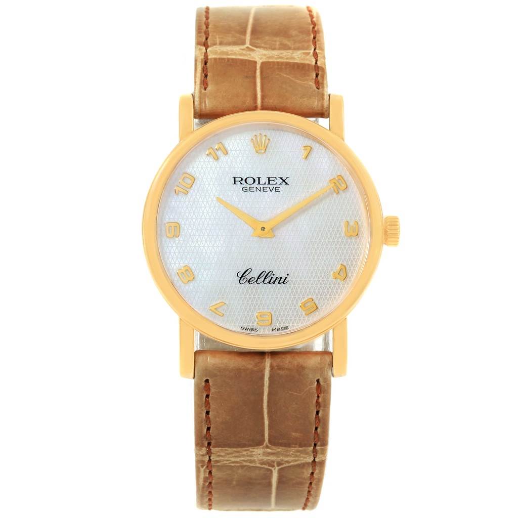 The image shows a Rolex Cellini 5115 Yellow Gold Mother of Pearl Dial 5115 Yellow Gold Mother of Pearl Dial watch from a frontal view, displaying the watch face and upper part of the leather strap.