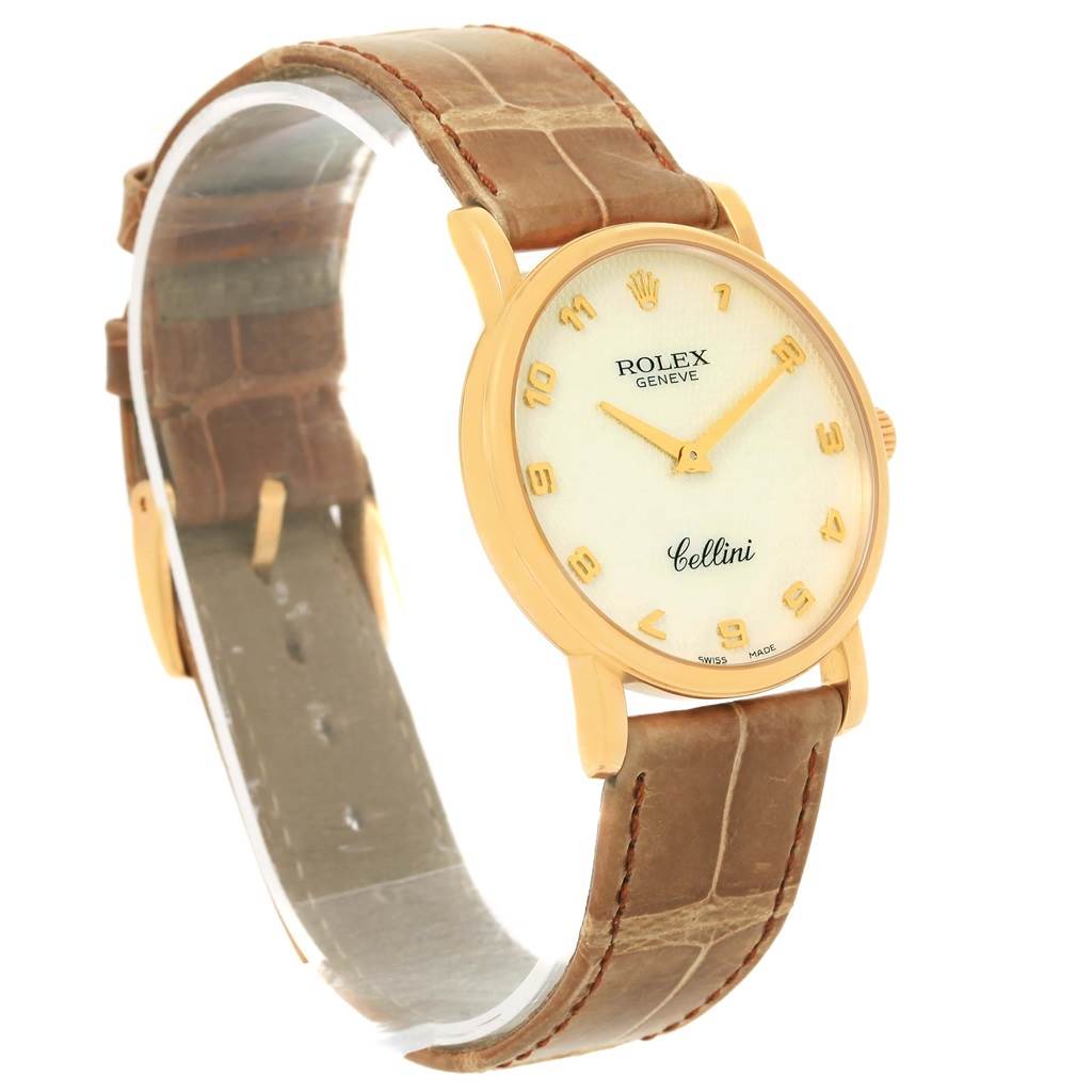 The Rolex Cellini 5115 Yellow Gold Mother of Pearl Dial 5115 Yellow Gold Mother of Pearl Dial watch is shown at an angle displaying the face, hands, crown, and leather strap.