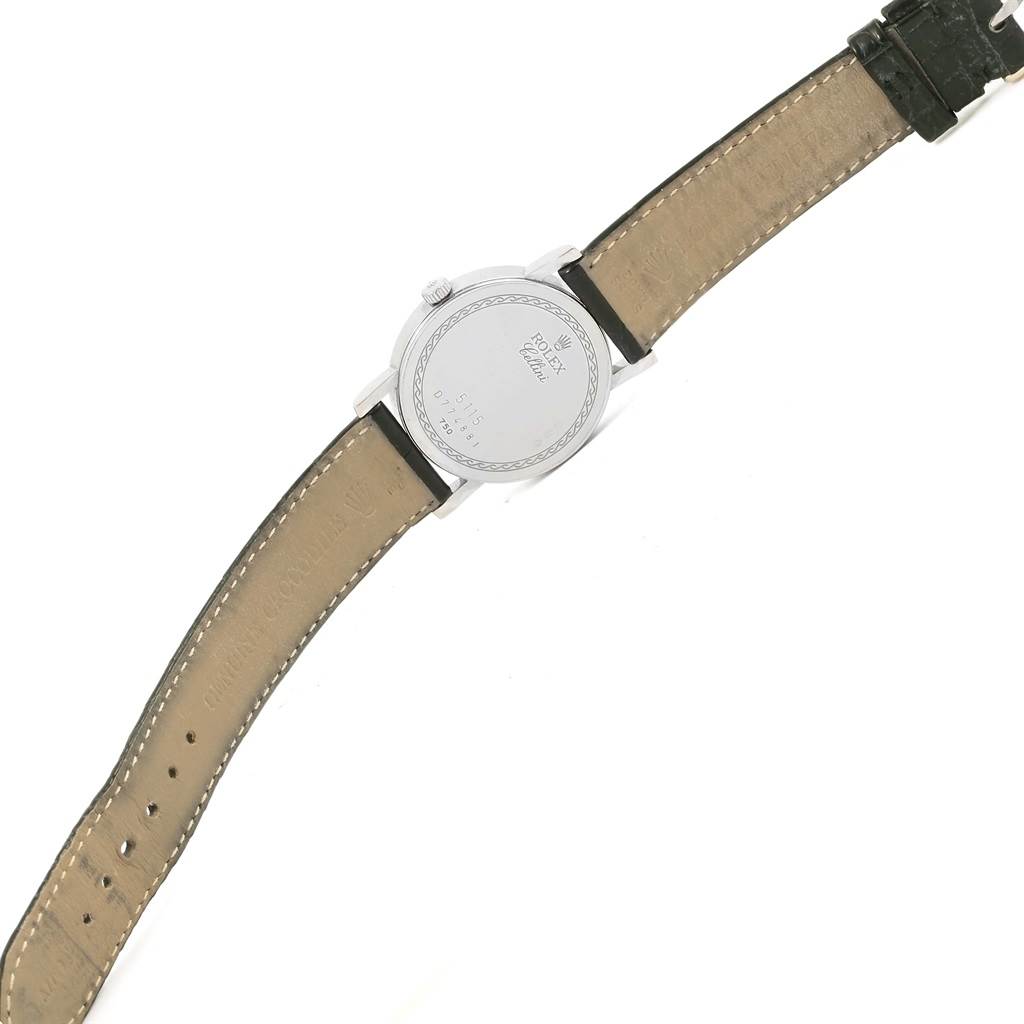 This image shows the back view of a Rolex Cellini 5115 White Gold Silver Dial 5115 White Gold Silver Dial watch, including its case back and leather strap.