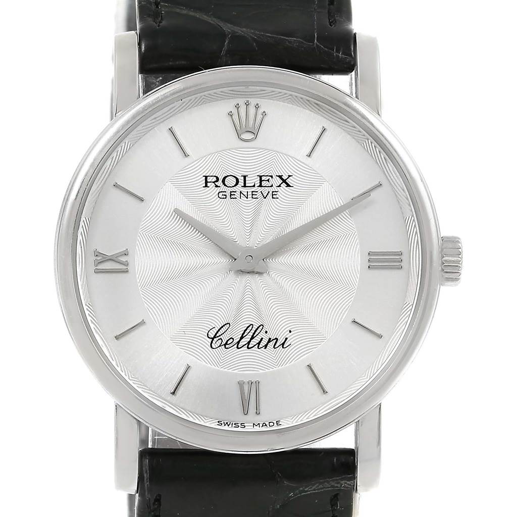 The image shows a front view of a Rolex Cellini 5115 White Gold Silver Dial 5115 White Gold Silver Dial watch, highlighting its dial, hands, crown, and part of its strap.