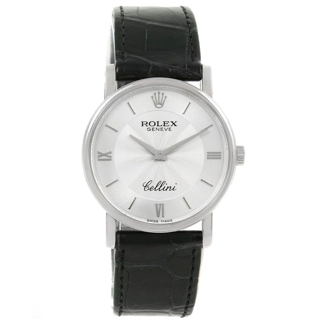 The image shows a front view of a Rolex Cellini 5115 White Gold Silver Dial 5115 White Gold Silver Dial watch with a leather strap and silver dial.