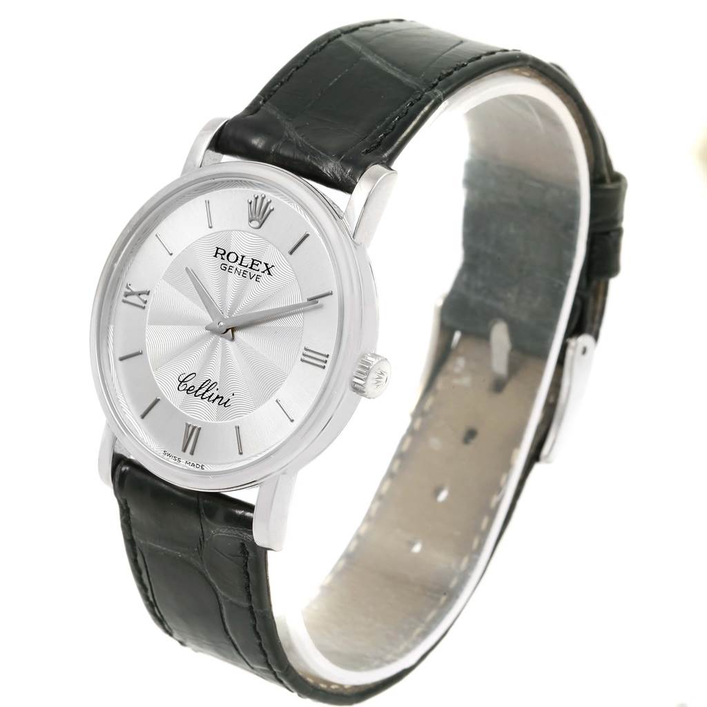 The image shows a Rolex Cellini 5115 White Gold Silver Dial 5115 White Gold Silver Dial watch from a front angle, highlighting its face, bezel, and leather strap.