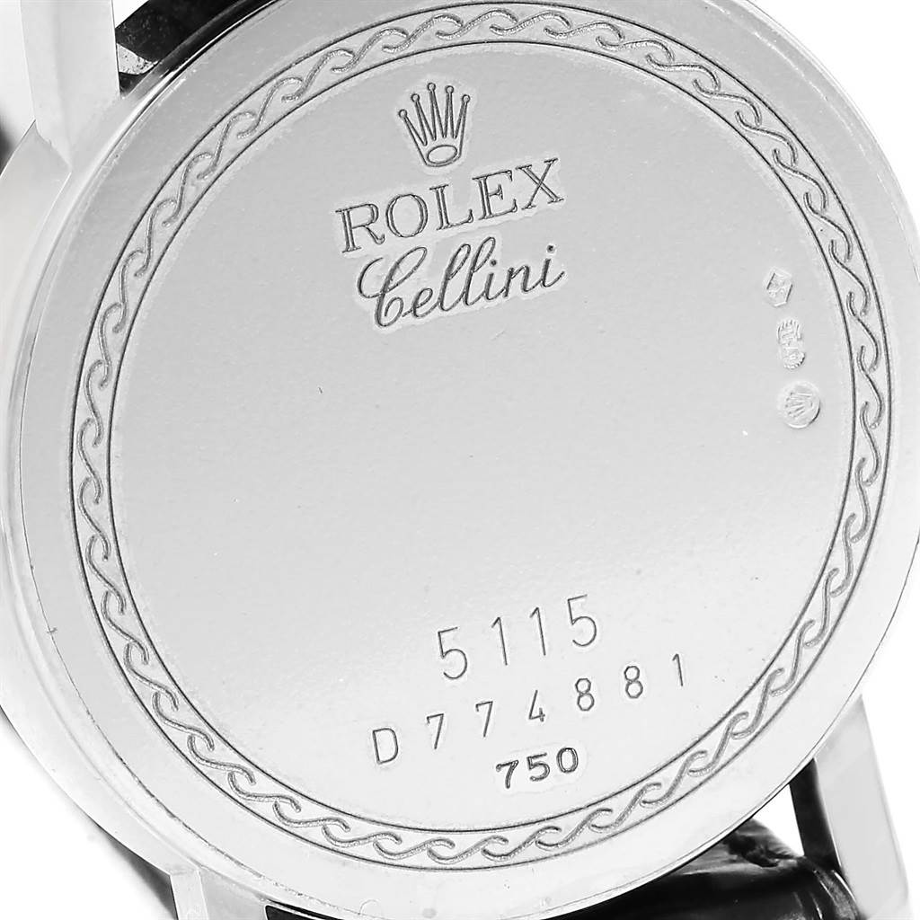 The image shows the back case of a Rolex Cellini 5115 White Gold Silver Dial 5115 White Gold Silver Dial watch, highlighting model number 5115 and serial number.