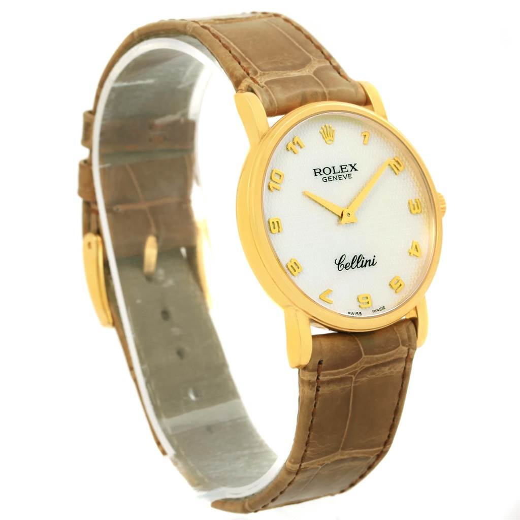 The image shows a Rolex Cellini 5115 Yellow Gold Mother of Pearl Dial 5115 Yellow Gold Mother of Pearl Dial watch from a side angle, depicting the face, case, crown, and brown leather strap.