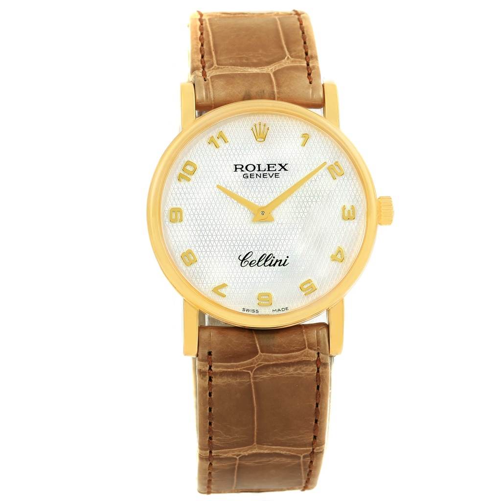This is a front view of the Rolex Cellini 5115 Yellow Gold Mother of Pearl Dial 5115 Yellow Gold Mother of Pearl Dial watch, showcasing its face, dial, hands, and brown leather strap.