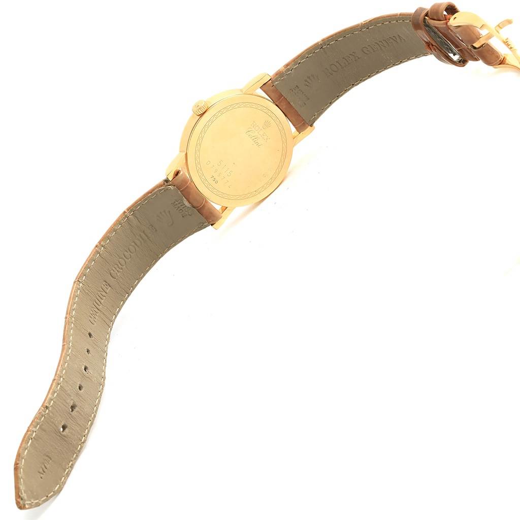 The image shows the back case and leather strap of a Rolex Cellini 5115 Yellow Gold Mother of Pearl Dial 5115 Yellow Gold Mother of Pearl Dial watch from a flat angle.