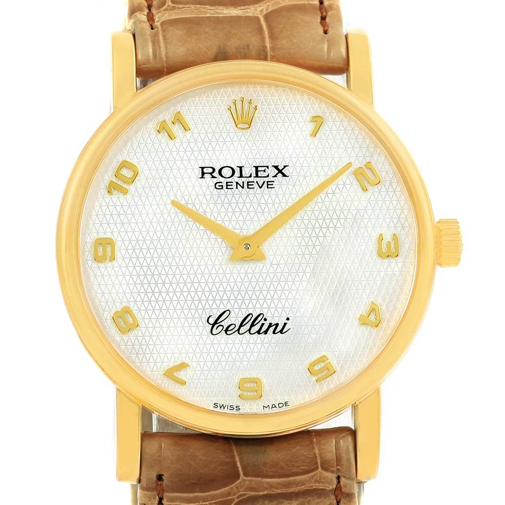 A front view of the Rolex Cellini 5115 Yellow Gold Mother of Pearl Dial 5115 Yellow Gold Mother of Pearl Dial watch, showing the face, hands, crown, and part of the leather strap.