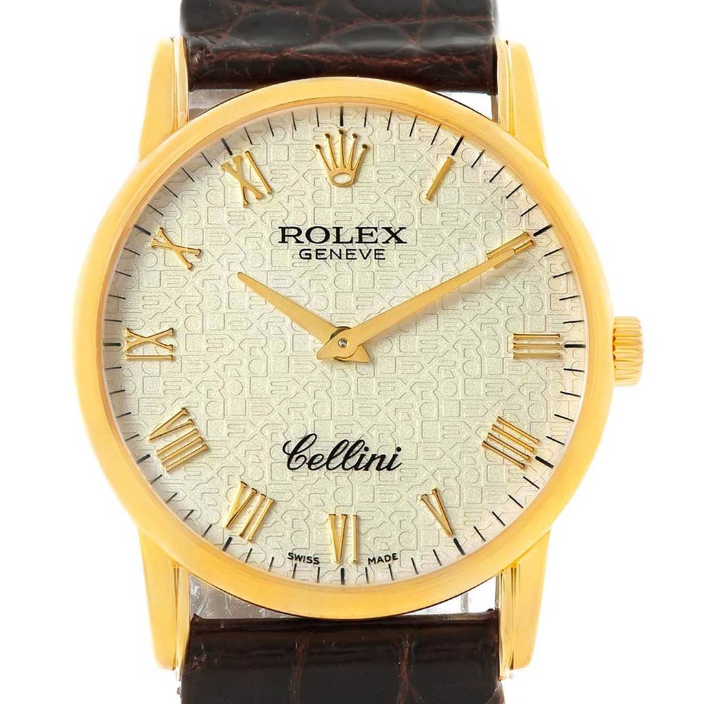 The image shows a Rolex Cellini 5116 Men's Yellow Gold Beige Dial 5116 Men's Yellow Gold Beige Dial watch from a front angle, displaying the dial, hands, crown, and part of the leather strap.