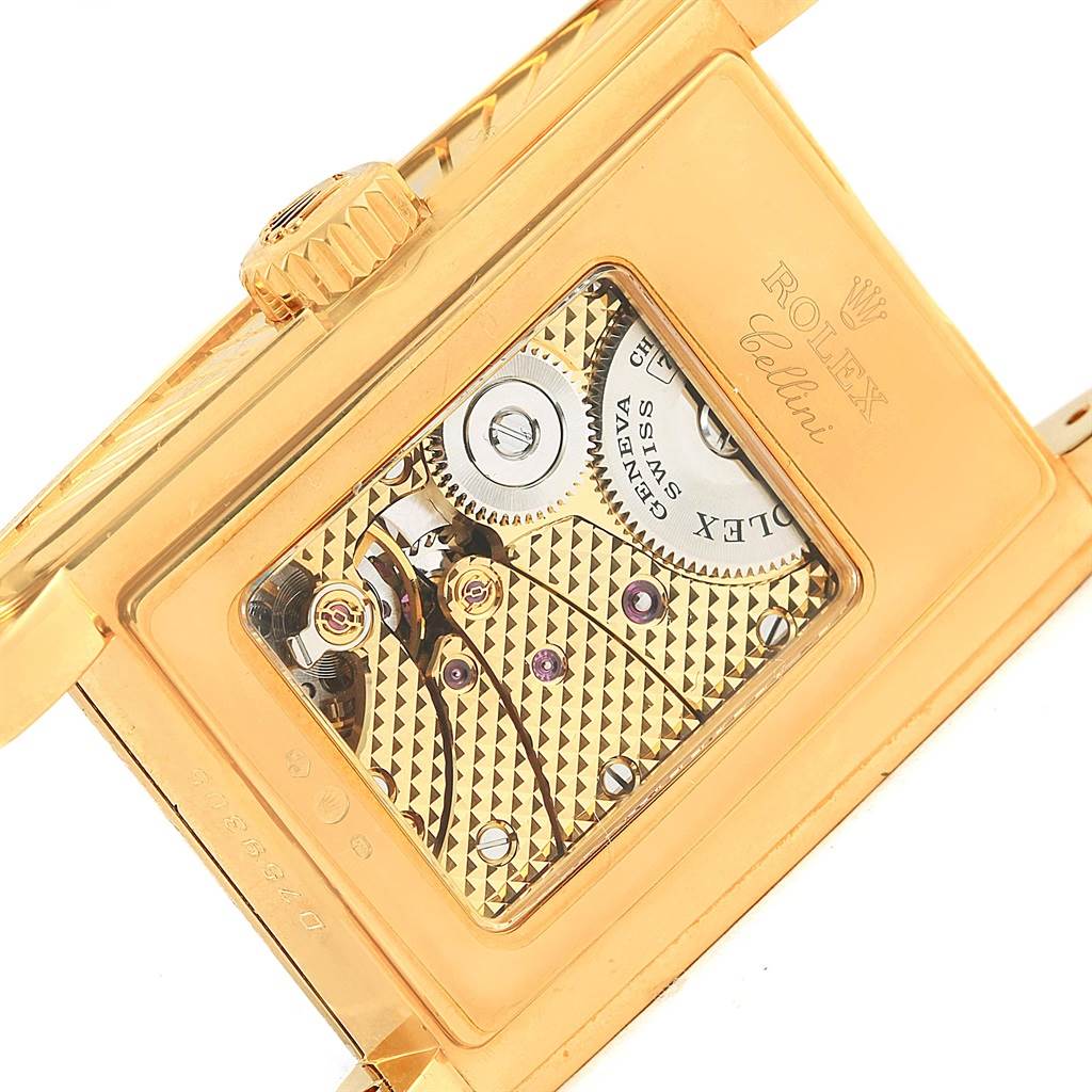 The image shows the backside movement and intricate mechanism of a Rolex Cellini 5440.8 Men's Yellow Gold Champagne Dial 5440.8 Men's Yellow Gold Champagne Dial watch from an angled side view.