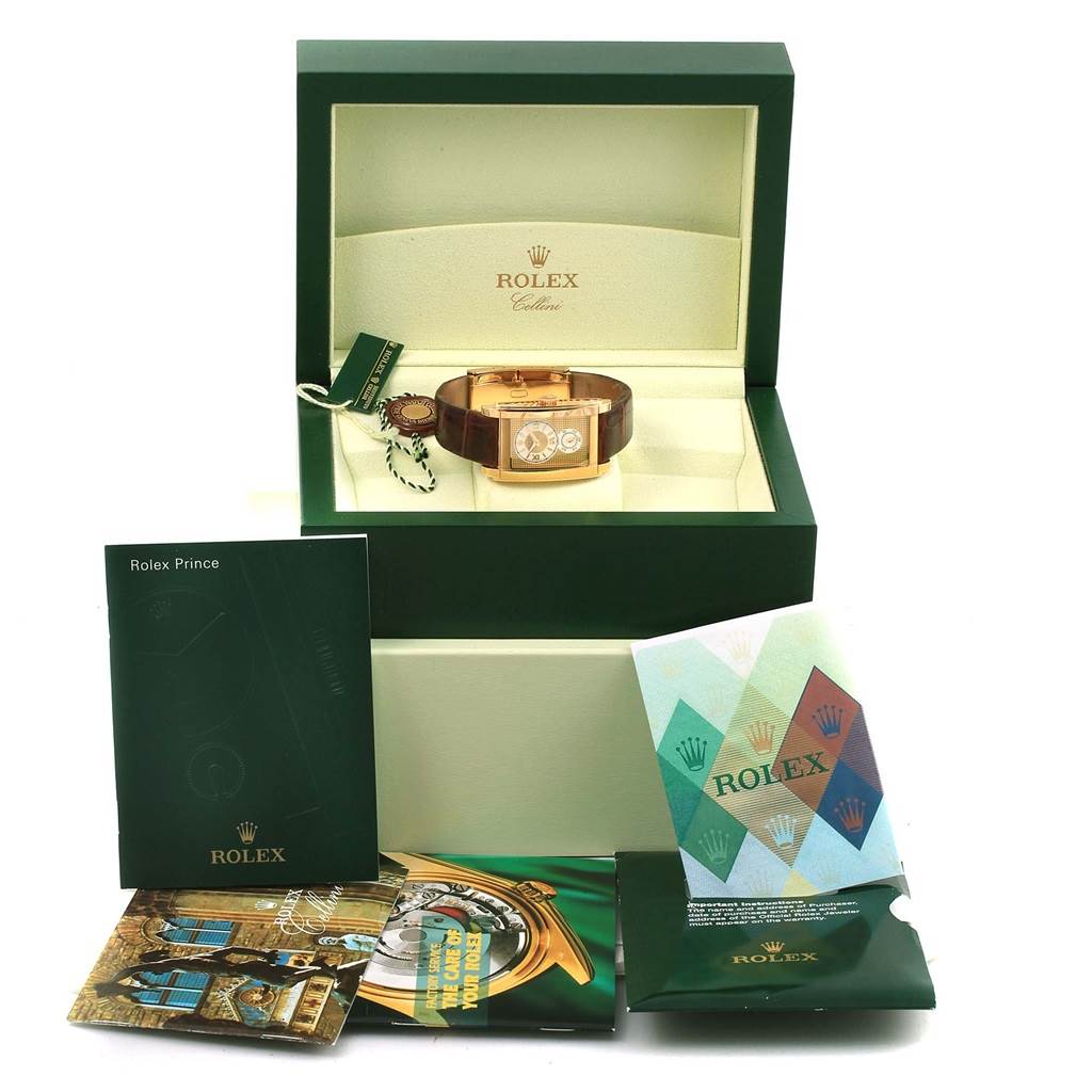 The image shows a Rolex Cellini 5440.8 Men's Yellow Gold Champagne Dial 5440.8 Men's Yellow Gold Champagne Dial watch in its box, along with booklets and accessories in the foreground.