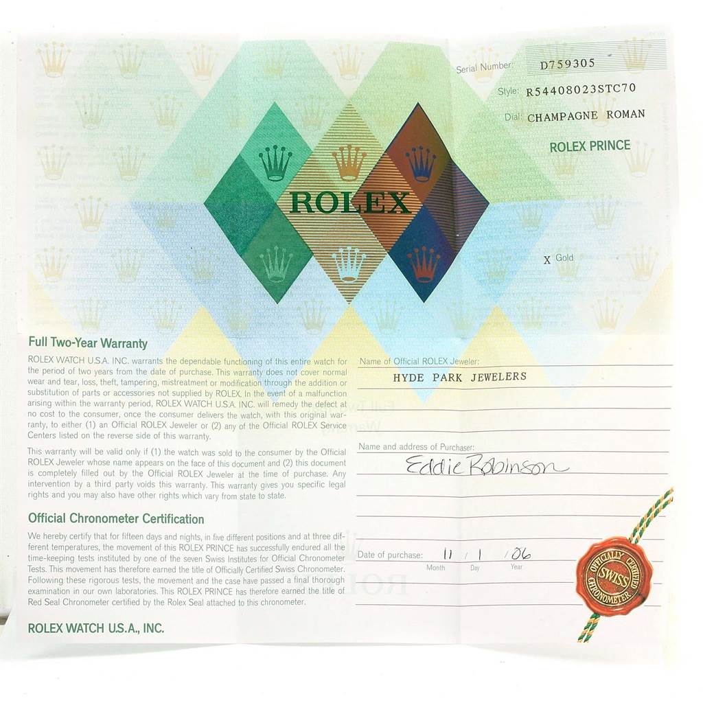 The image shows a warranty and certification document for the Rolex Cellini 5440.8 Men's Yellow Gold Champagne Dial 5440.8 Men's Yellow Gold Champagne Dial model watch.