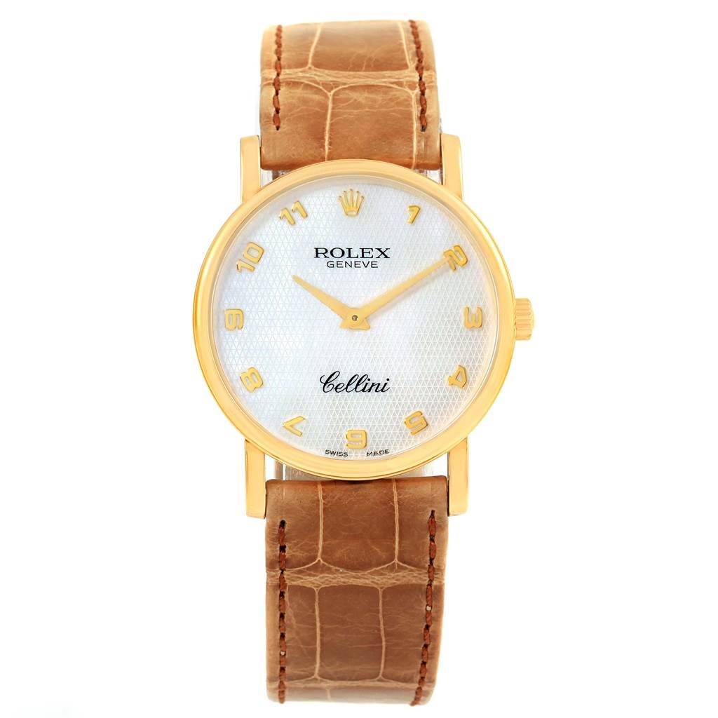 The image shows a front view of a Rolex Cellini 5115 Yellow Gold Mother of Pearl Dial 5115 Yellow Gold Mother of Pearl Dial watch with a brown leather strap and a gold case.