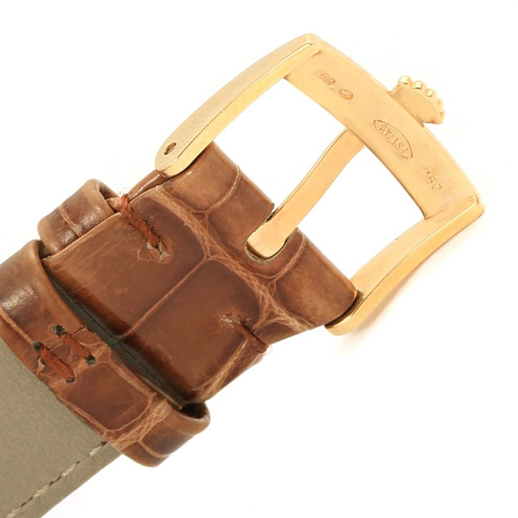 This image shows the brown leather strap and gold buckle of a Rolex Cellini 5115 Yellow Gold Mother of Pearl Dial 5115 Yellow Gold Mother of Pearl Dial watch.