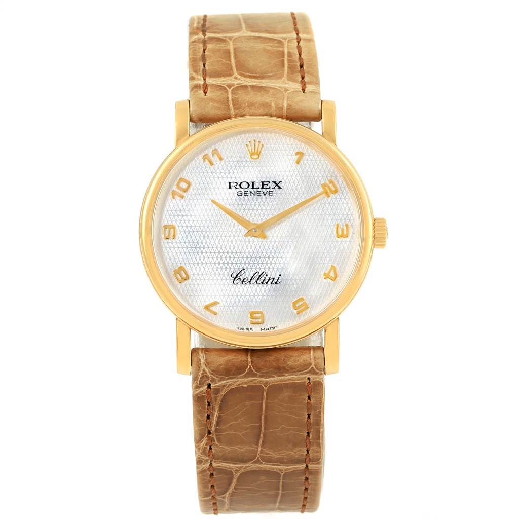 The image shows a front view of a Rolex Cellini 5115 Yellow Gold Mother of Pearl Dial 5115 Yellow Gold Mother of Pearl Dial watch with a gold case and brown leather strap.