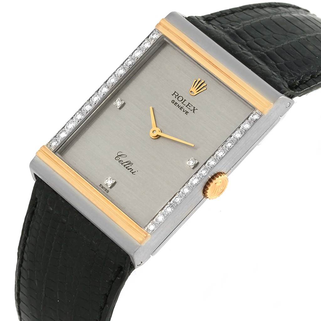 The image shows the face and part of the strap of a Rolex Cellini 4127 Men's Yellow Gold Silver Dial 4127 Men's Yellow Gold Silver Dial watch from an angled, top-down view.