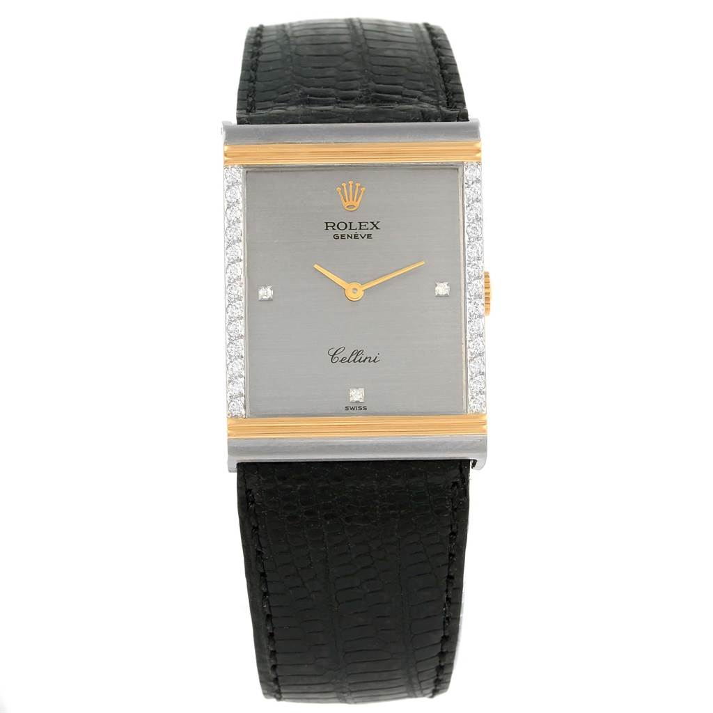 This image shows a front view of a Rolex Cellini 4127 Men's Yellow Gold Silver Dial 4127 Men's Yellow Gold Silver Dial watch featuring a rectangular dial, gold accents, diamond markers, and a black leather strap.