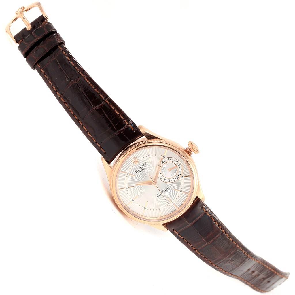 The image shows a Rolex Cellini 50515 Men's Rose Gold Silver Dial 50515 Men's Rose Gold Silver Dial watch with a brown leather strap, viewed from a top-down angle.