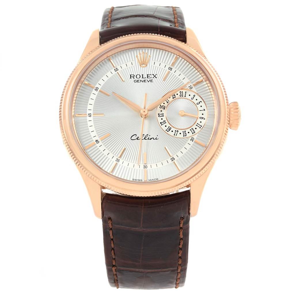This Rolex Cellini 50515 Men's Rose Gold Silver Dial 50515 Men's Rose Gold Silver Dial model watch is shown from the front, featuring its face, dial, hands, and brown leather strap.