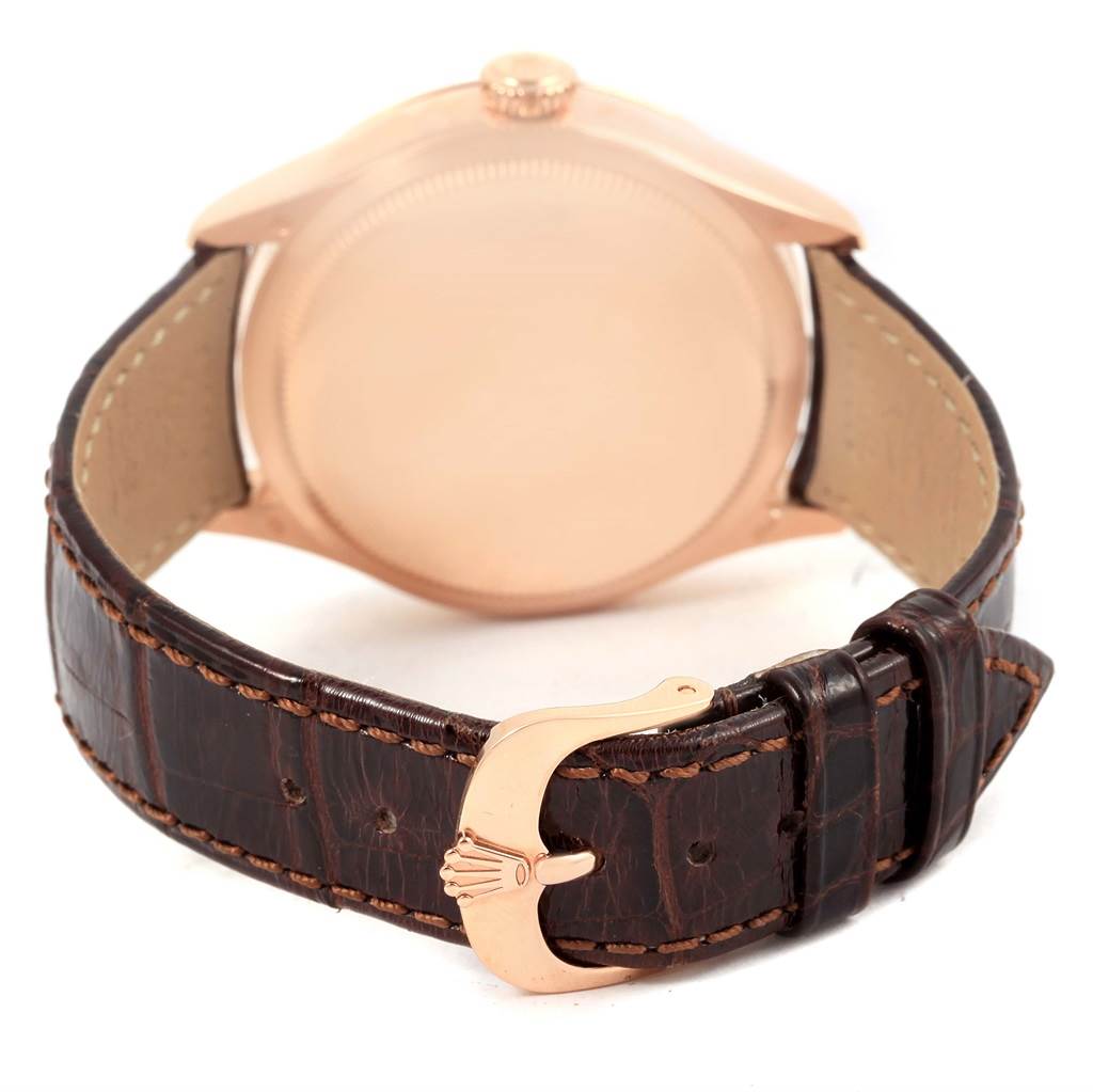 The image shows the back of a Rolex Cellini 50515 Men's Rose Gold Silver Dial 50515 Men's Rose Gold Silver Dial watch, highlighting its strap and buckle from a rear angle.