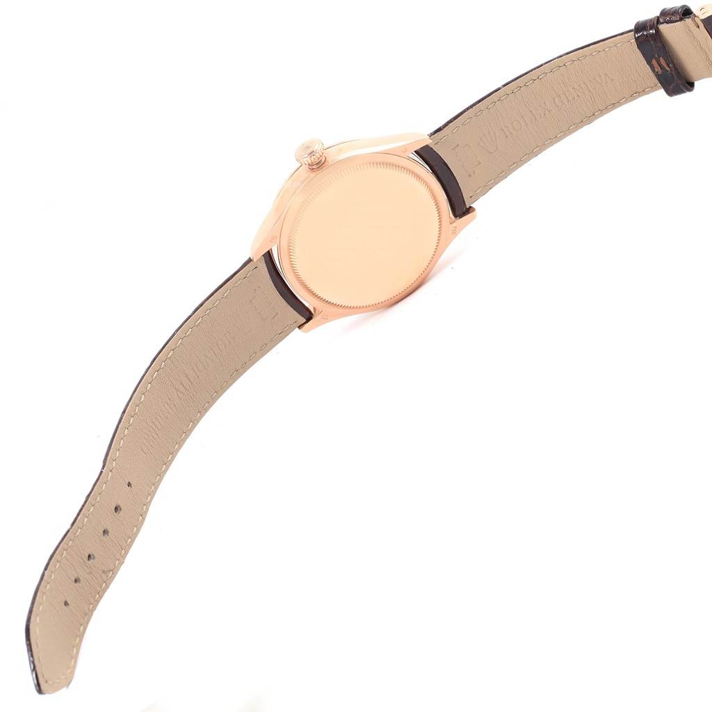 This image shows the back and strap of a Rolex Cellini 50515 Men's Rose Gold Silver Dial 50515 Men's Rose Gold Silver Dial watch at an oblique angle.