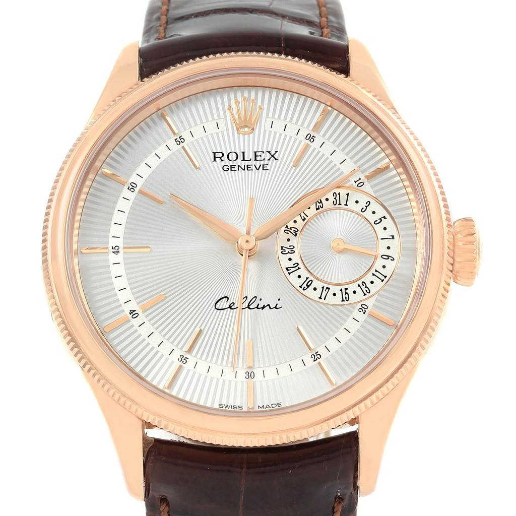 The Rolex Cellini 50515 Men's Rose Gold Silver Dial 50515 Men's Rose Gold Silver Dial watch is shown from a front angle, highlighting its face, hands, crown, and leather strap.