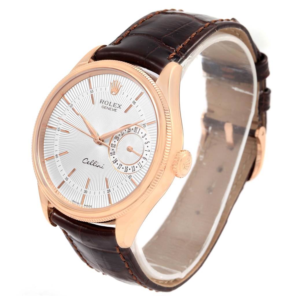 The image shows a Rolex Cellini 50515 Men's Rose Gold Silver Dial 50515 Men's Rose Gold Silver Dial watch at a three-quarter angle, highlighting the dial, crown, and leather strap.