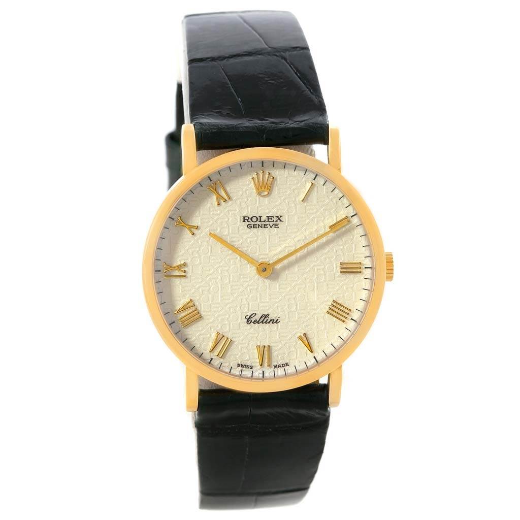 The image shows a frontal view of a Rolex Cellini 5112 Men
s Beige Dial 5112 Men
s Beige Dial watch, featuring its dial, hands, case, and strap.