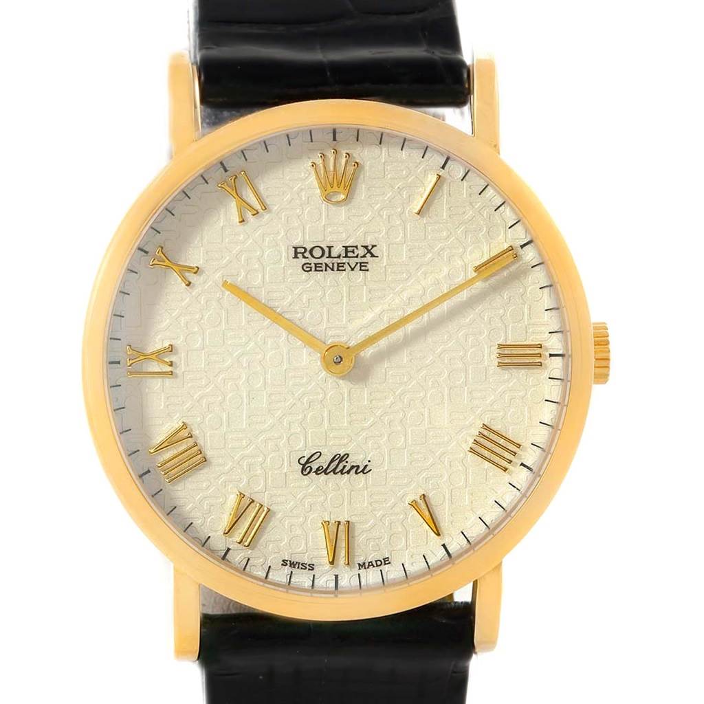 The image shows a Rolex Cellini 5112 Men's Yellow Gold Beige Dial 5112 Men's Yellow Gold Beige Dial watch from a front angle, highlighting its dial, hands, and black leather strap.