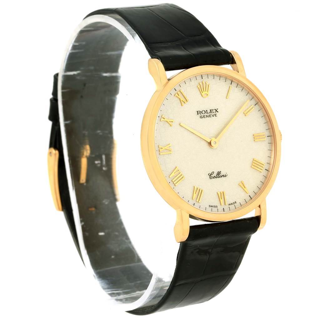 The image shows a side angle of a Rolex Cellini 5112 Men's Yellow Gold Beige Dial 5112 Men's Yellow Gold Beige Dial watch, highlighting the dial, case, and strap.