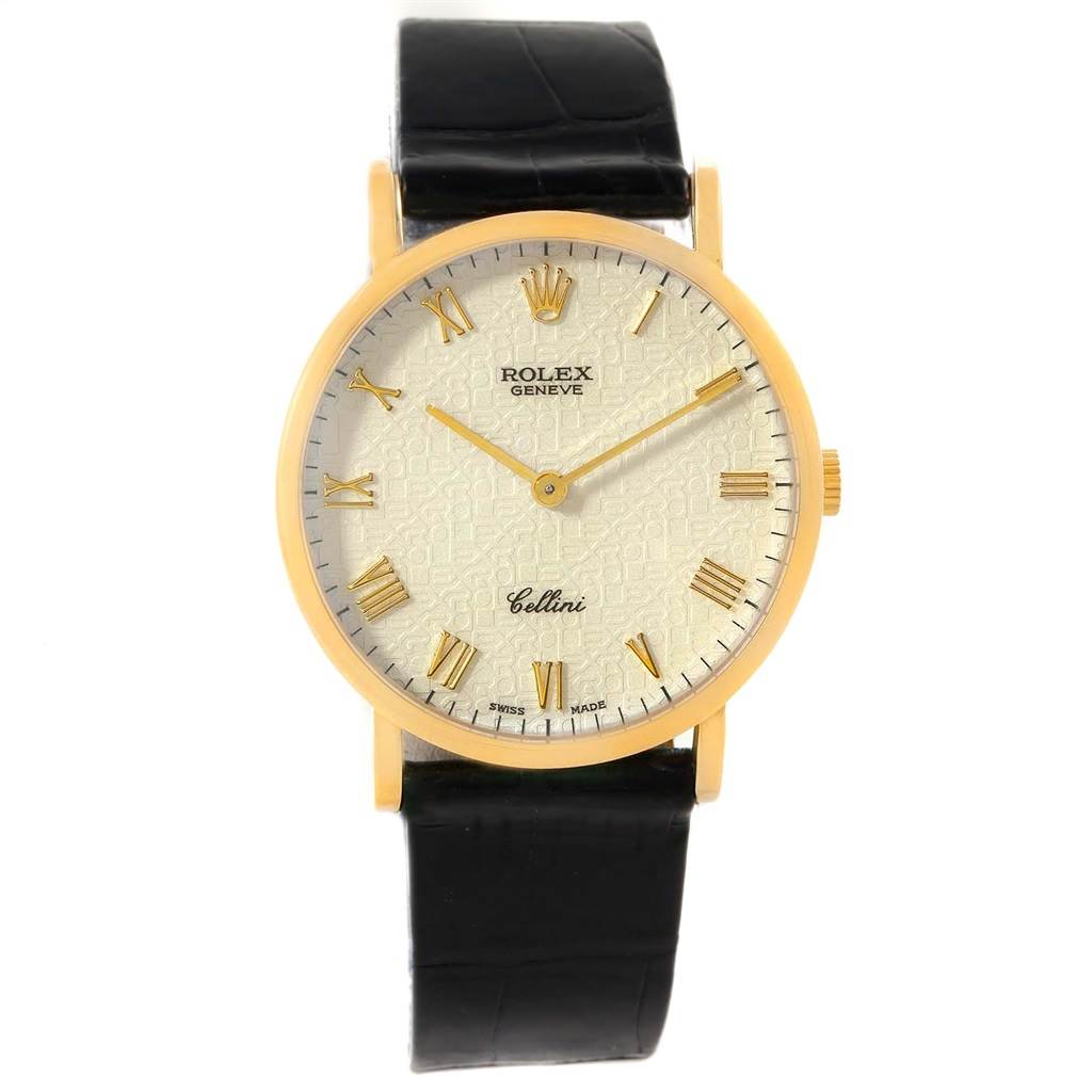 This image shows a front view of a Rolex Cellini 5112 Men's Yellow Gold Beige Dial 5112 Men's Yellow Gold Beige Dial watch, displaying its face, hour markers, hands, and leather strap.