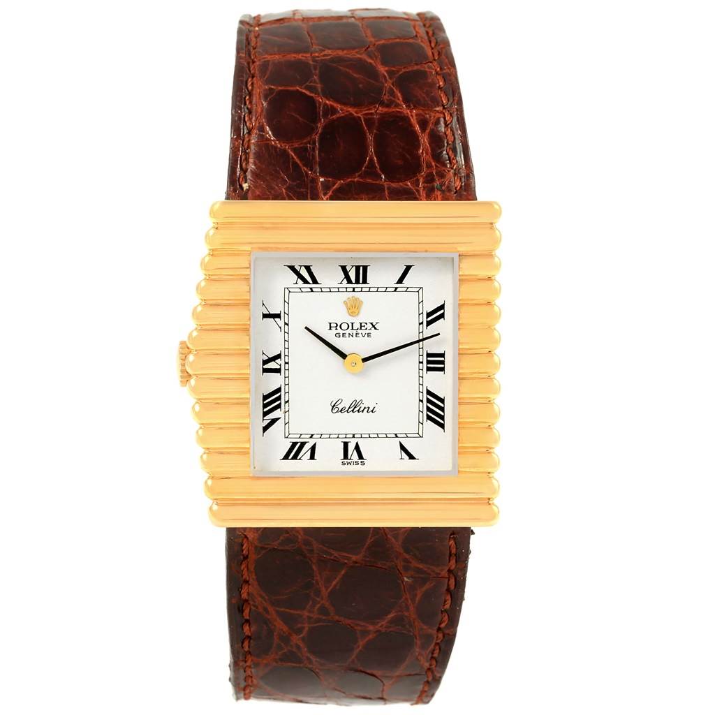 This Rolex Cellini 4015 Men's Yellow Gold White Dial 4015 Men's Yellow Gold White Dial model is shown from the front, highlighting its rectangular face, gold casing, and brown leather strap.