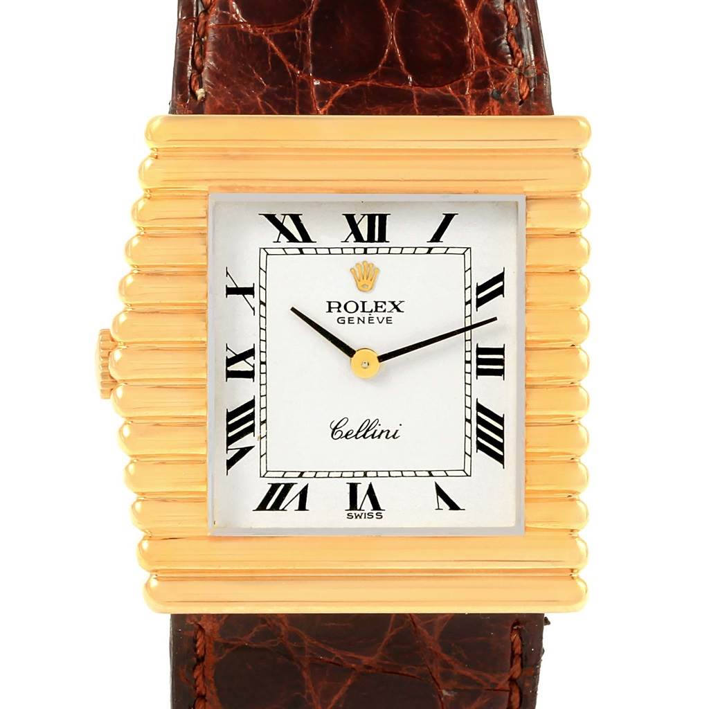 This Rolex Cellini 4015 Men's Yellow Gold White Dial 4015 Men's Yellow Gold White Dial watch is shown from a front angle, highlighting its face, gold case, and brown leather strap.