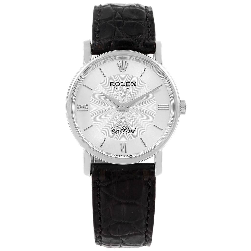 The image shows a Rolex Cellini 5115 Men
s White Gold Silver Dial 5115 Men
s White Gold Silver Dial watch from the front, displaying its dial, hands, case, and leather strap.