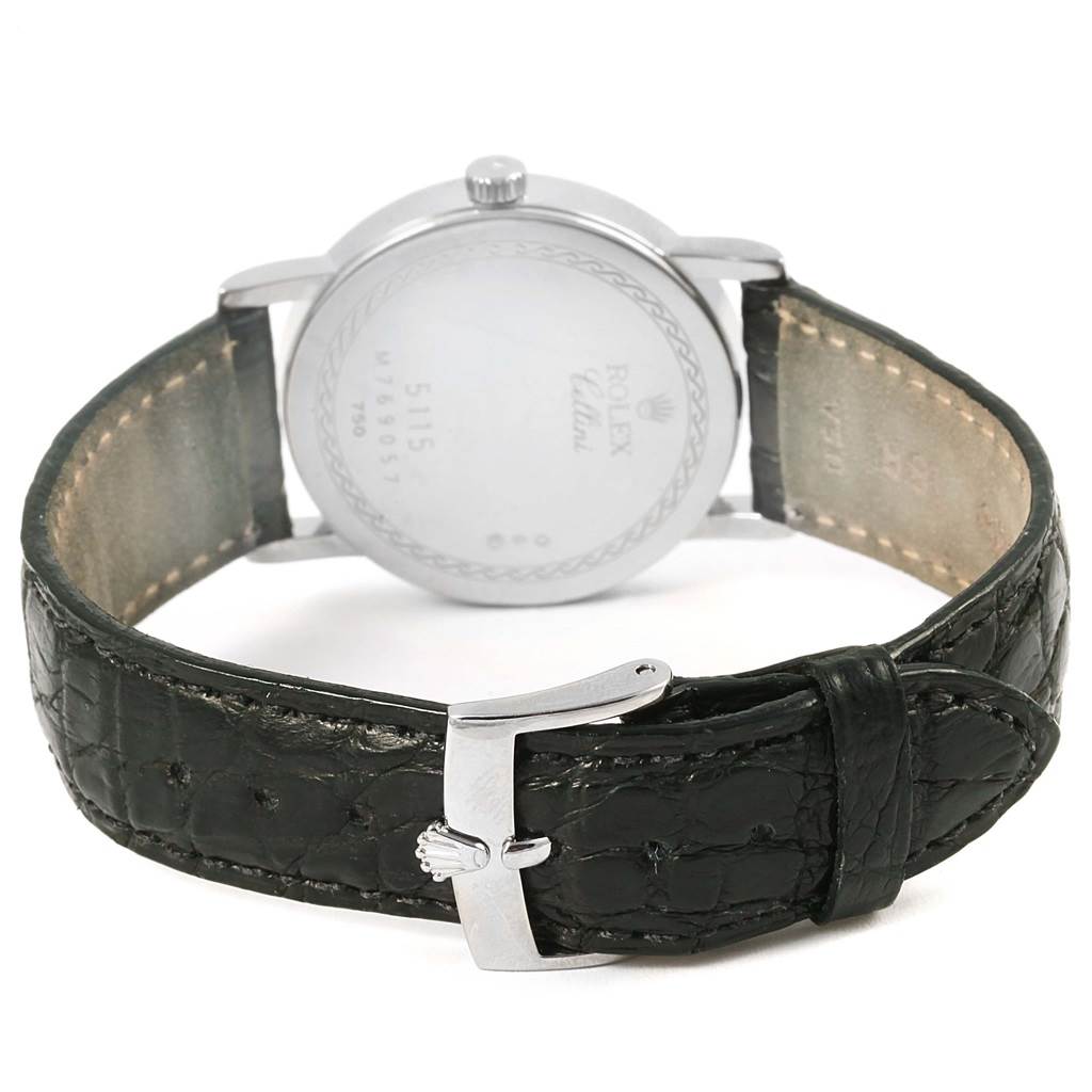 This image shows the back and strap of a Rolex Cellini 5115 Men
s White Gold Silver Dial 5115 Men
s White Gold Silver Dial watch at a slight angle.