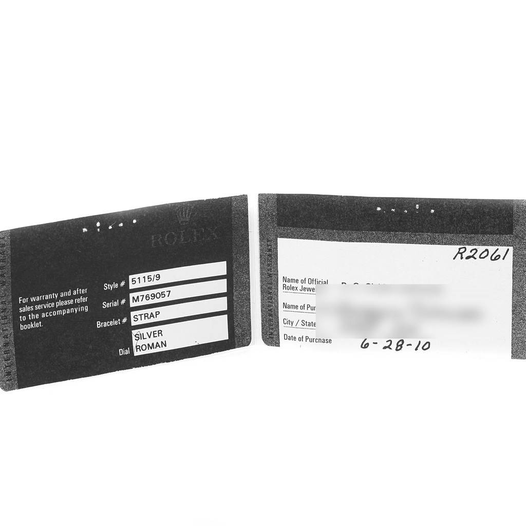 The image shows an open warranty card for a Rolex Cellini 5115 Men
s White Gold Silver Dial 5115 Men
s White Gold Silver Dial model, displaying style, serial number, bracelet, and dial information.