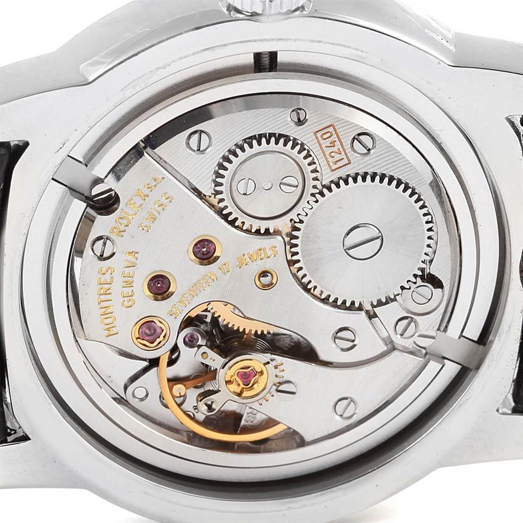 The image shows the movement mechanism of a Rolex Cellini 5240 Men's Platinum Mother of Pearl Dial 5240 Men's Platinum Mother of Pearl Dial watch from a rear angle.