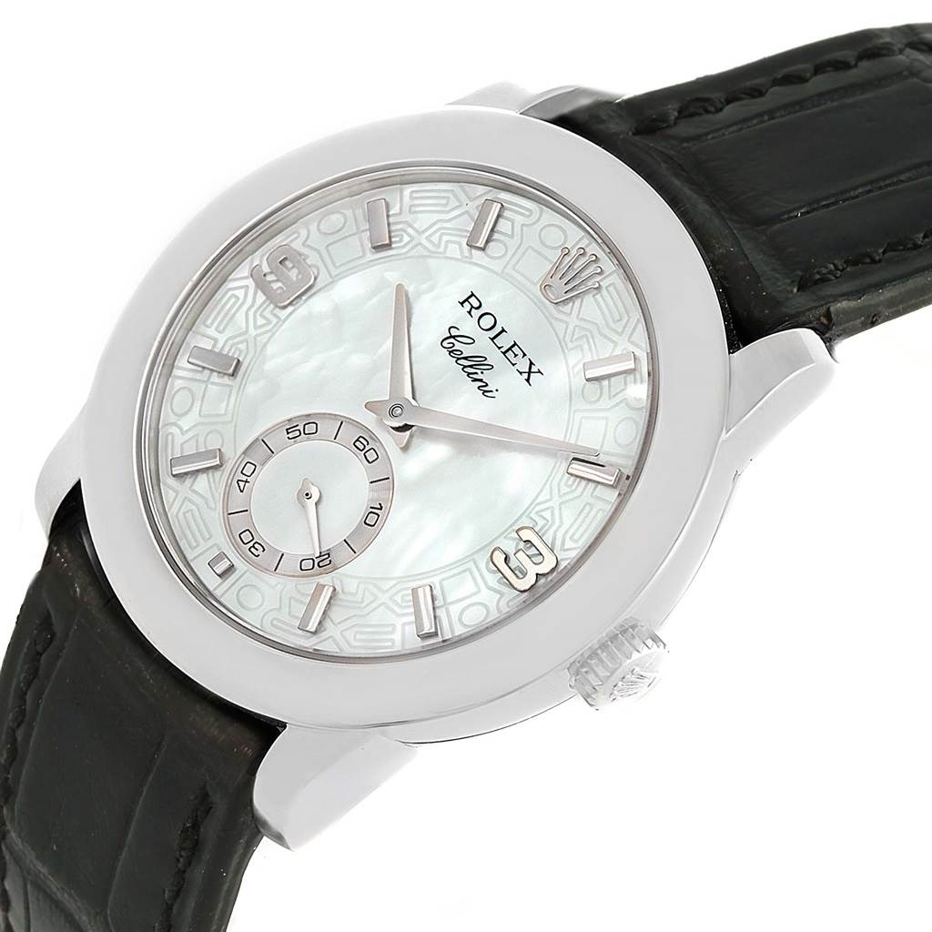 The image shows a close-up angled view of a Rolex Cellini 5240 Men's Platinum Mother of Pearl Dial 5240 Men's Platinum Mother of Pearl Dial watch, highlighting the dial, crown, and part of the leather strap.